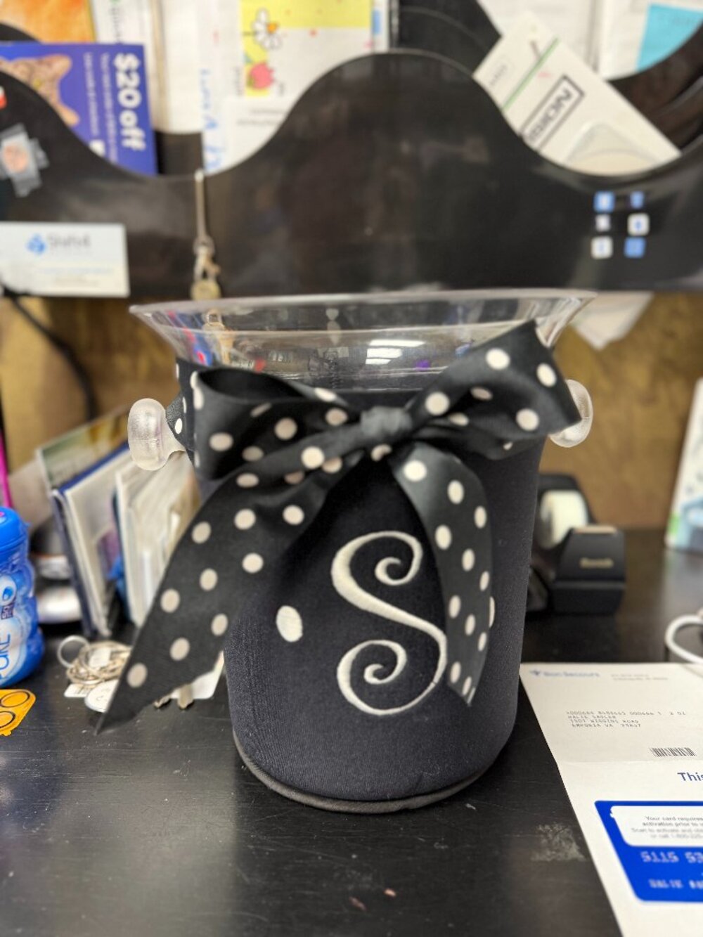 Vintage Fabric Insulated Ice Bucket Black Polka Dot Bow Embroidered Barware